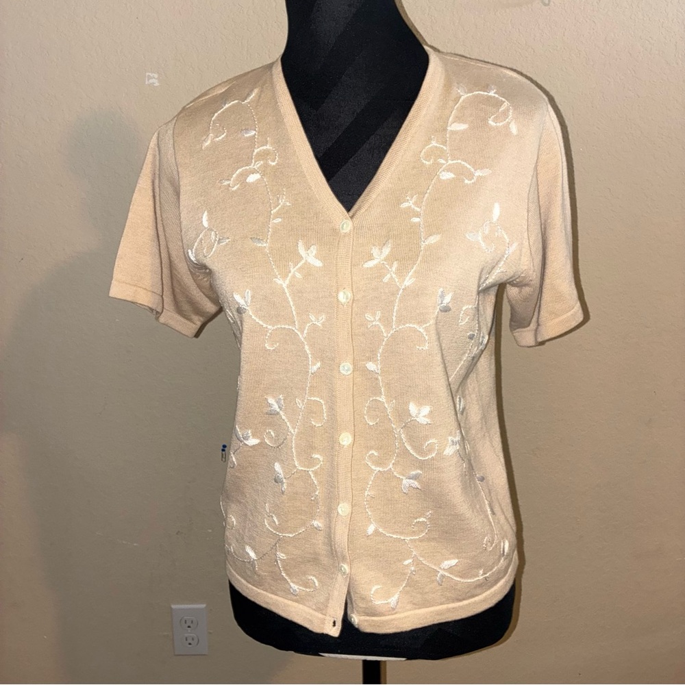 Dress Barn Beige Embroidered Button Down sweater Top